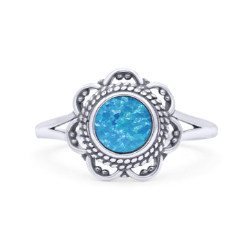 Flower Thumb Ring Round Statement Fashion Lab Created Blue Opal Oxidized Band Solid 925 Sterling Silver